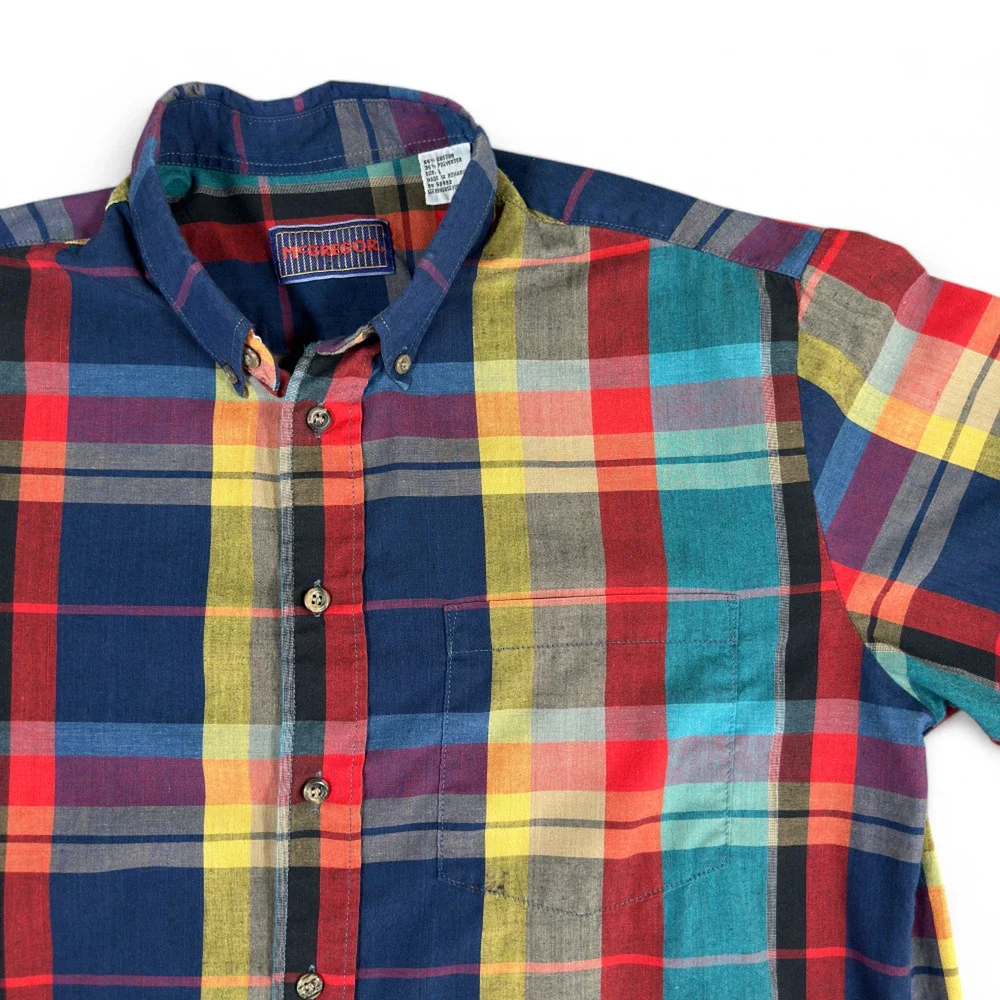 Vintage McGregor Shirt Adult LARGE Red Purple Green Patchwork Plaid Rainbow 80s